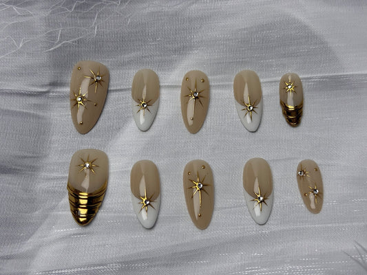 3D Hand-Painted French Tips Almond Nails -- Press-on Nail