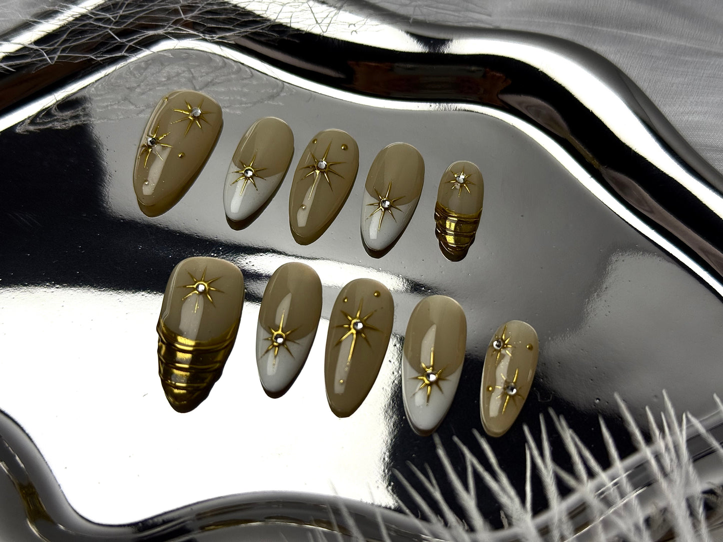3D Hand-Painted French Tips Almond Nails -- Press-on Nail