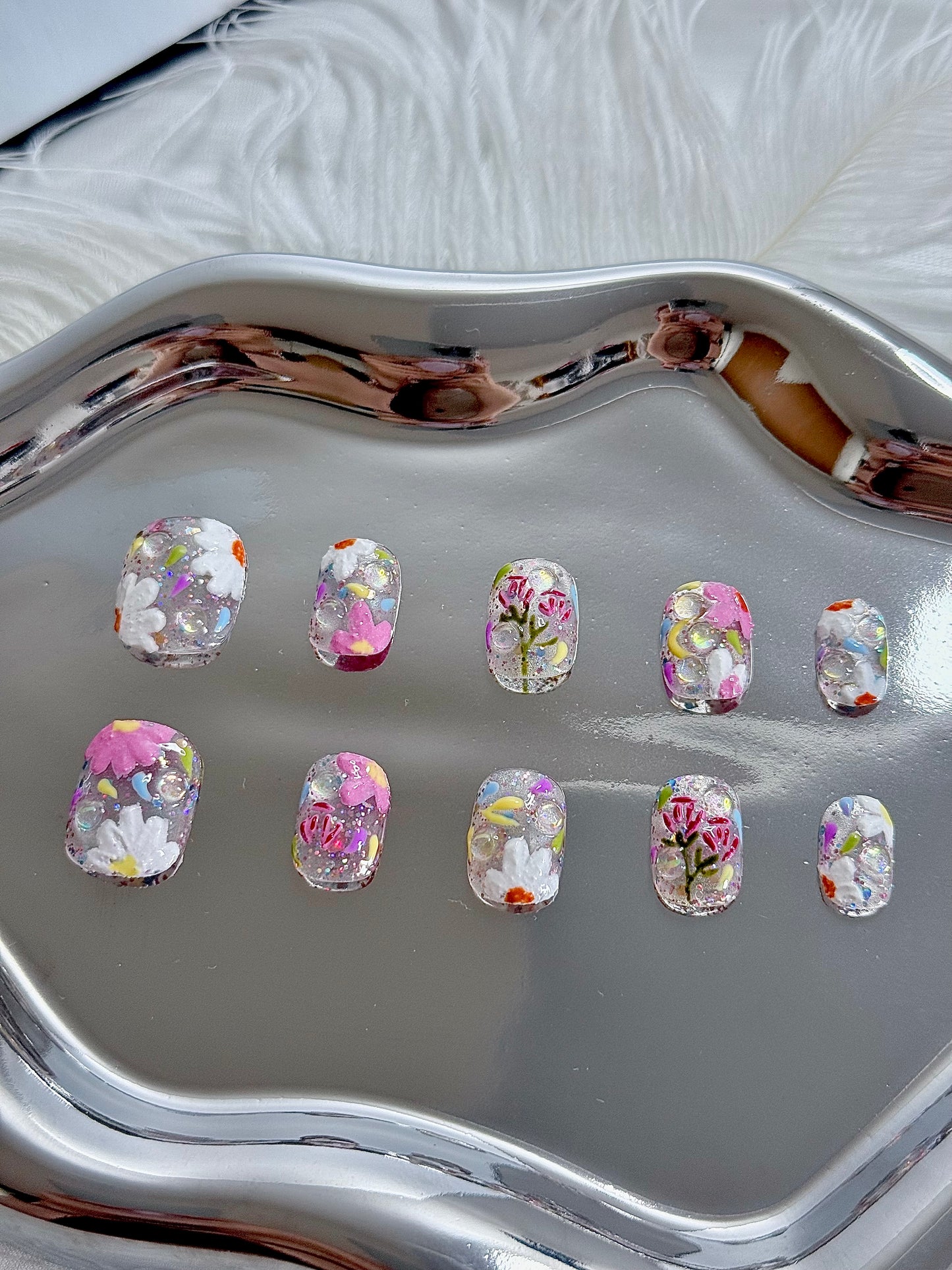 Spring Bloom Hand-Painted Press-On Nails | Floral Art Design – Handmade & Reusable Nail Set