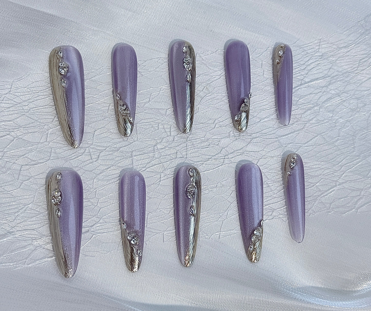 Moonlit Purple Cat Eye Press-On Nails | Mirror Chrome Gradient with Rhinestone Accents – Handmade & Reusable