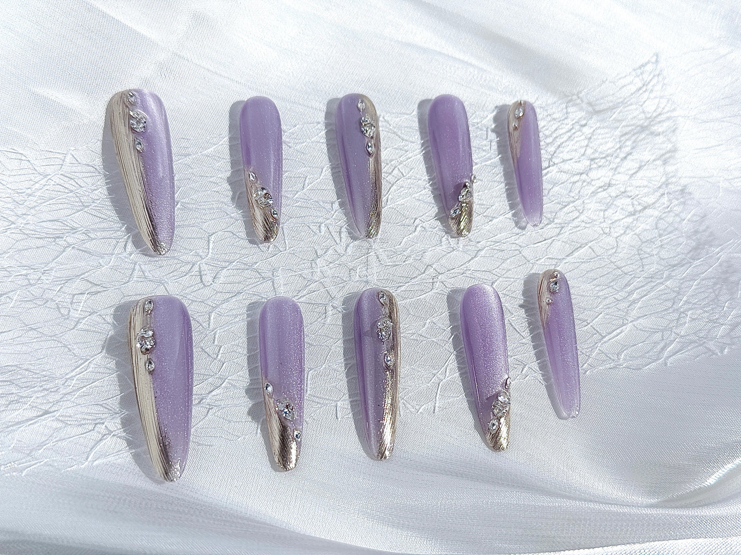 Moonlit Purple Cat Eye Press-On Nails | Mirror Chrome Gradient with Rhinestone Accents – Handmade & Reusable