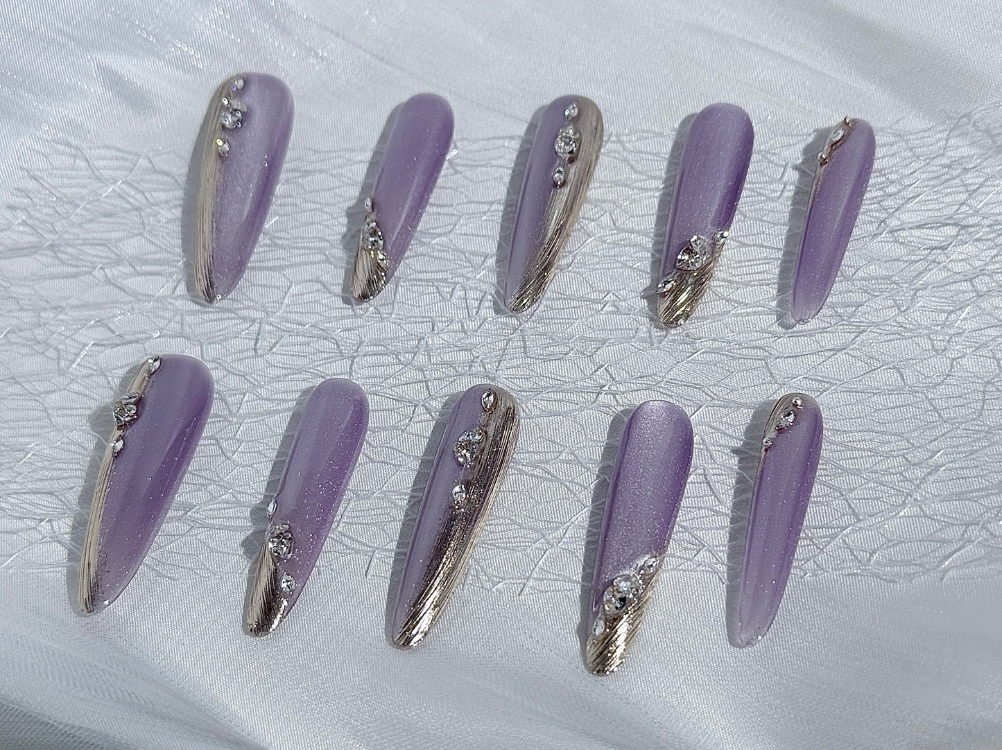 Moonlit Purple Cat Eye Press-On Nails | Mirror Chrome Gradient with Rhinestone Accents – Handmade & Reusable
