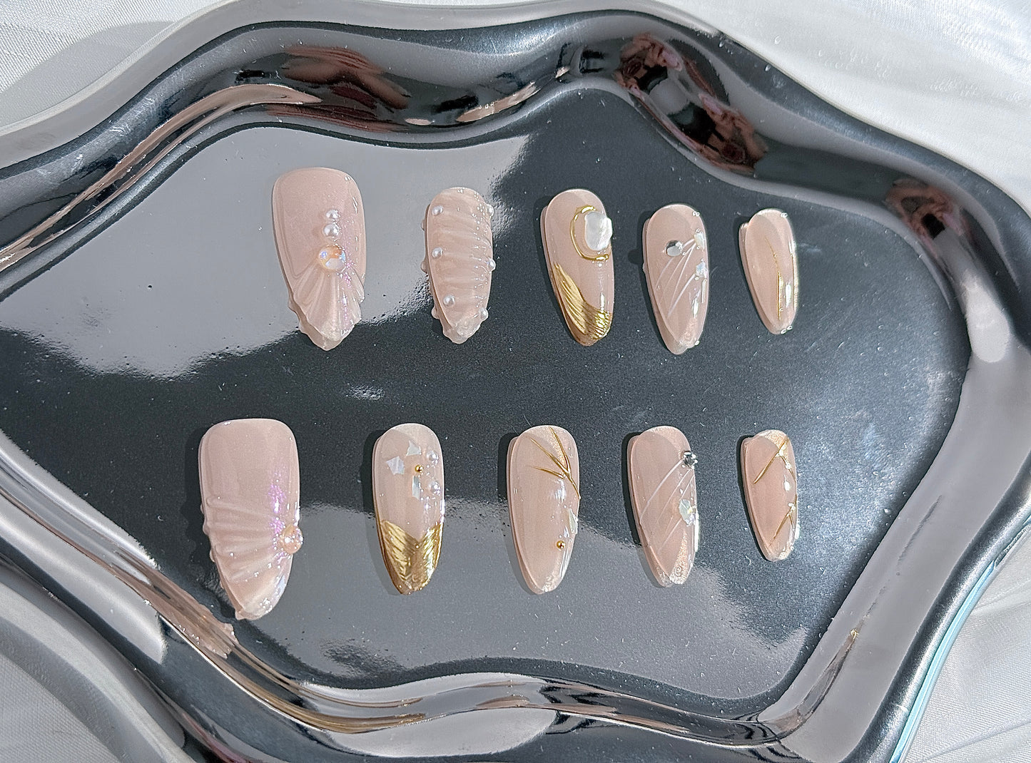 3D Gold French Ocean Press-On Nails | Pearl Shell Texture & Luxe Mermaid Vibes – Handmade & Reusable