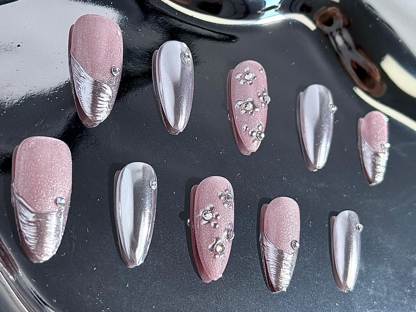 Mirror Chrome Wave French Press-On Nails | 3D Ripple Design – Handmade & Reusable