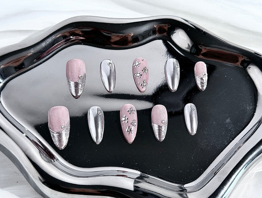 Mirror Chrome Wave French Press-On Nails | 3D Ripple Design – Handmade & Reusable