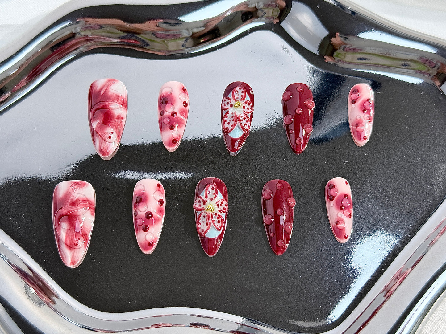 3D Handcrafted Press-On Nails | Burgundy Marble, Tropical Snake & Floral Sculpted Design – Reusable Nail Art