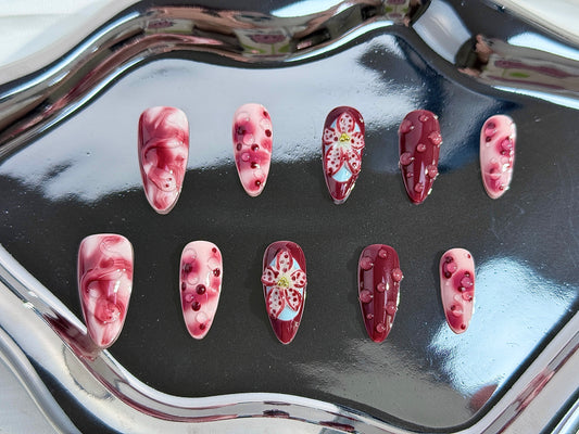 3D Handcrafted Press-On Nails | Burgundy Marble, Tropical Snake & Floral Sculpted Design – Reusable Nail Art