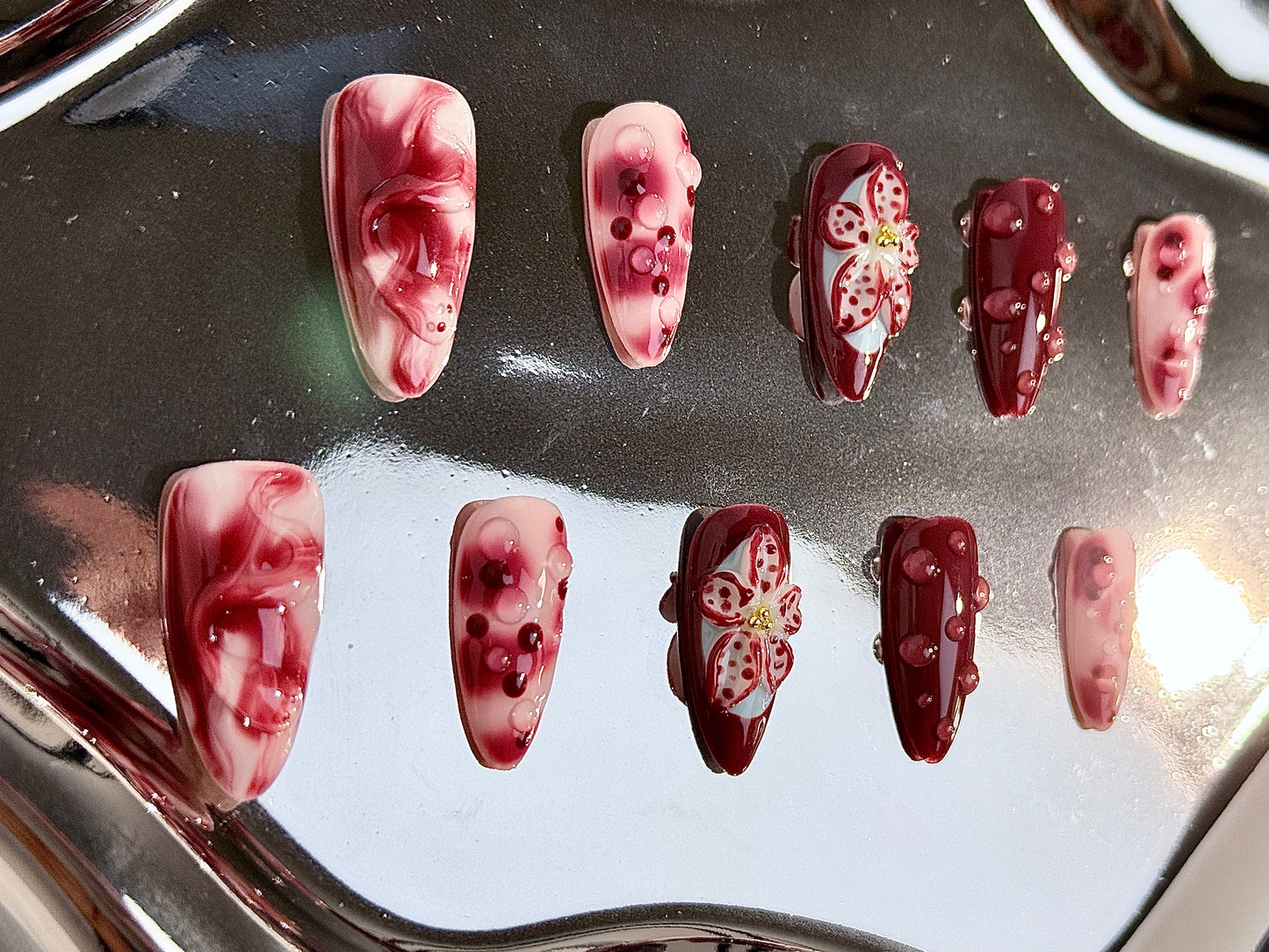 3D Handcrafted Press-On Nails | Burgundy Marble, Tropical Snake & Floral Sculpted Design – Reusable Nail Art