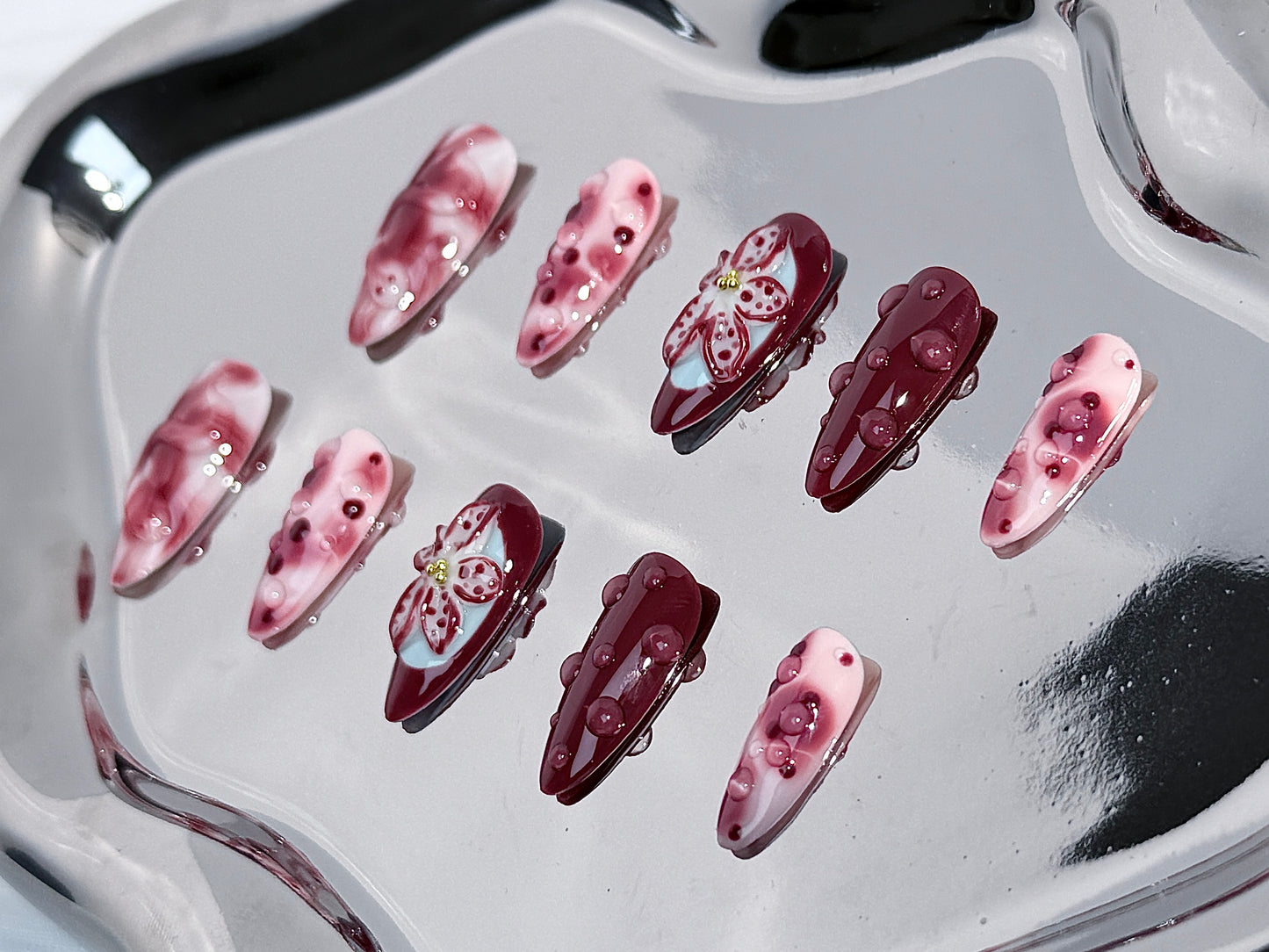 3D Handcrafted Press-On Nails | Burgundy Marble, Tropical Snake & Floral Sculpted Design – Reusable Nail Art