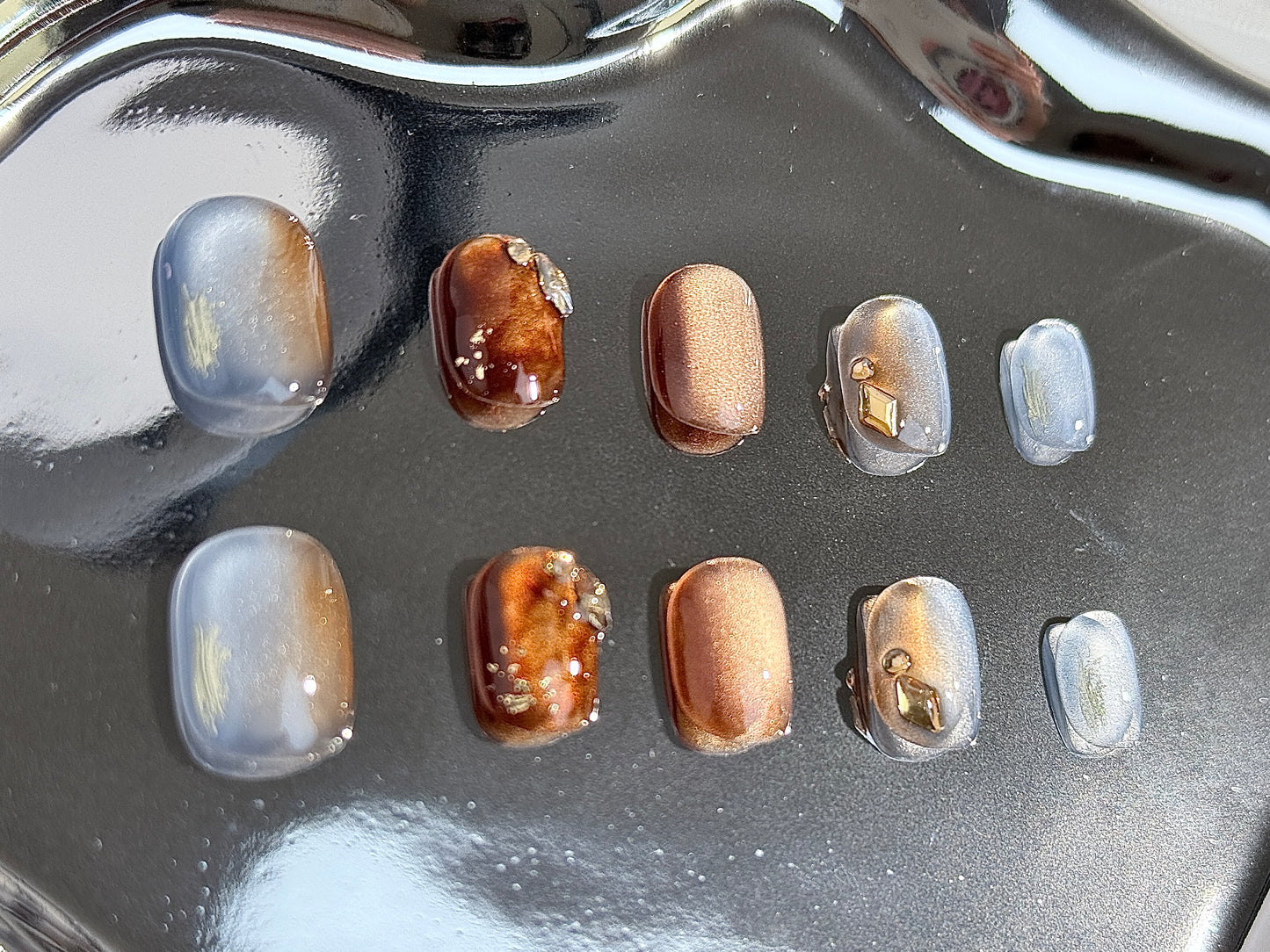 Amber Gradient Cat Eye Press-On Nails | Handmade Magnetic Glow with Marble Ombre – Reusable