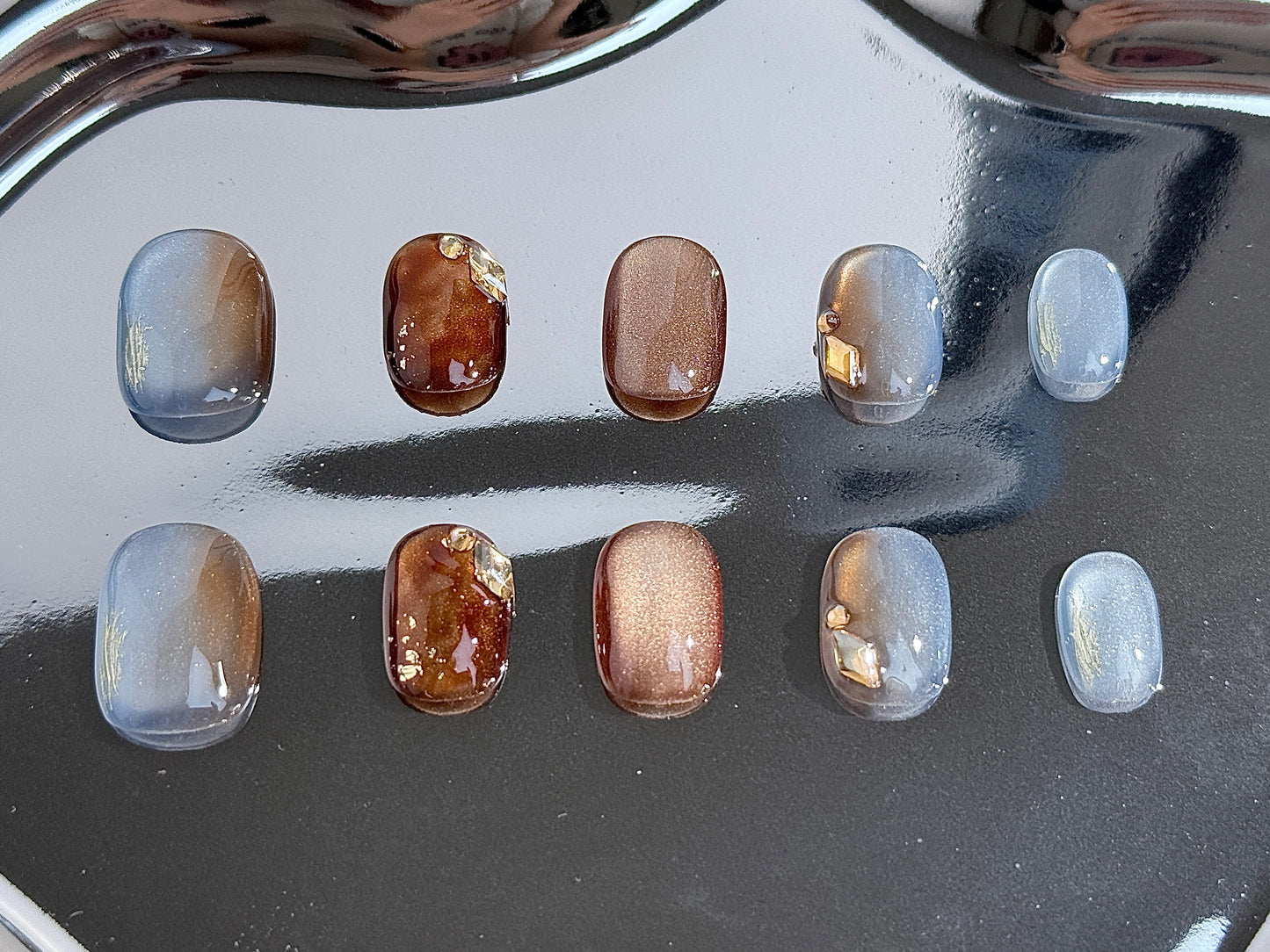 Amber Gradient Cat Eye Press-On Nails | Handmade Magnetic Glow with Marble Ombre – Reusable