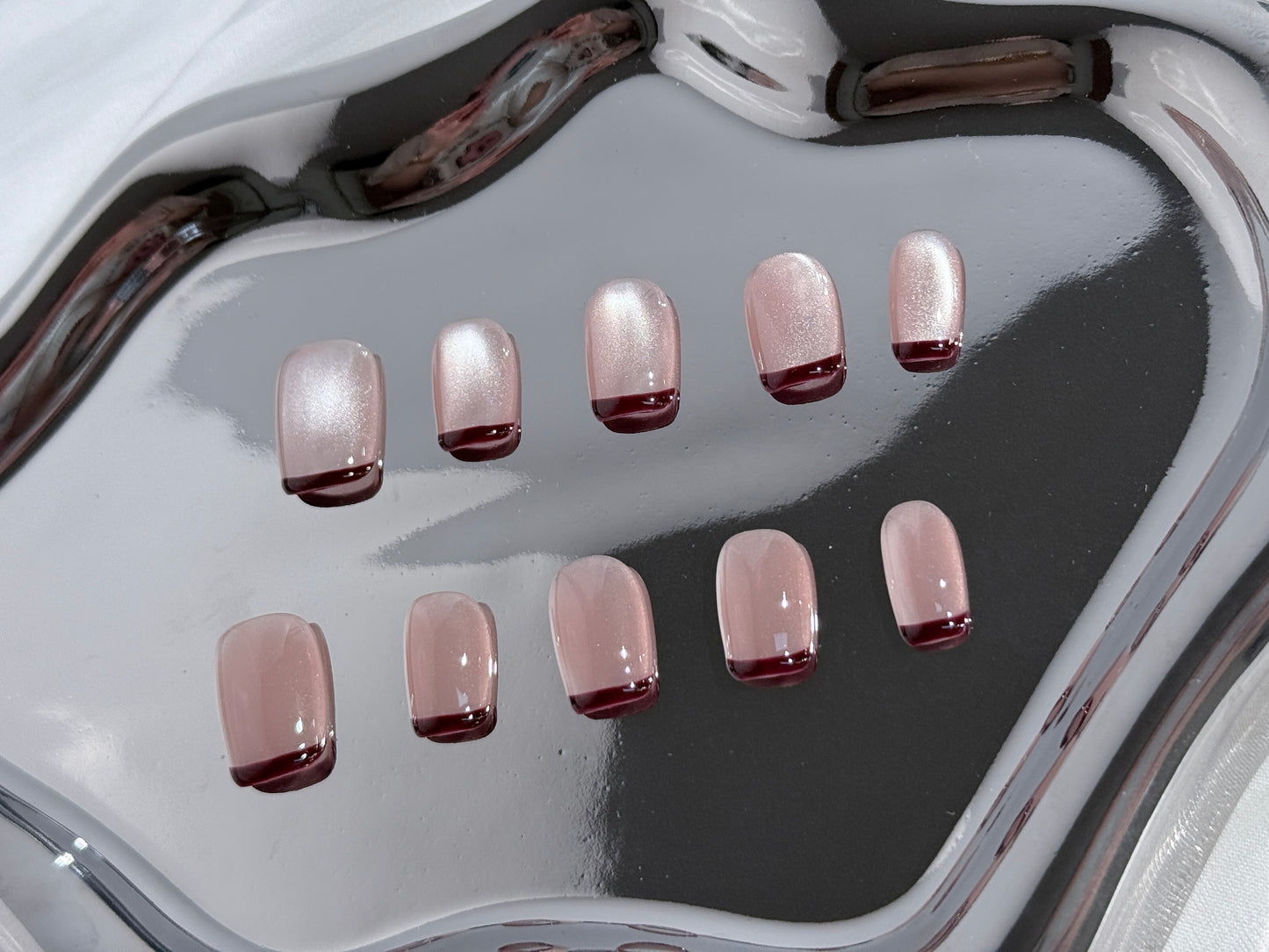 Nude Cat Eye Press-On Nails with Coffee Brown French Tips | Glossy Magnetic Glow – Handmade & Reusable