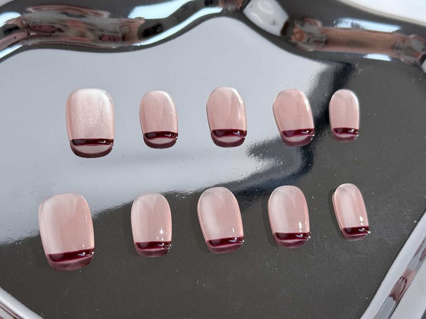 Nude Cat Eye Press-On Nails with Coffee Brown French Tips | Glossy Magnetic Glow – Handmade & Reusable