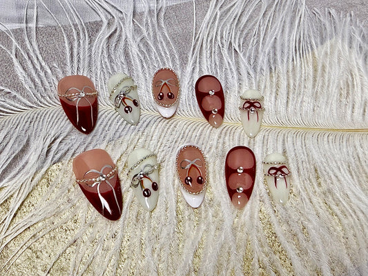 Hand-painted bow nail wraps — 100% handmade, elegant and classy press-on nails.