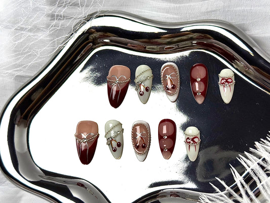 Hand-painted bow nail wraps — 100% handmade, elegant and classy press-on nails.