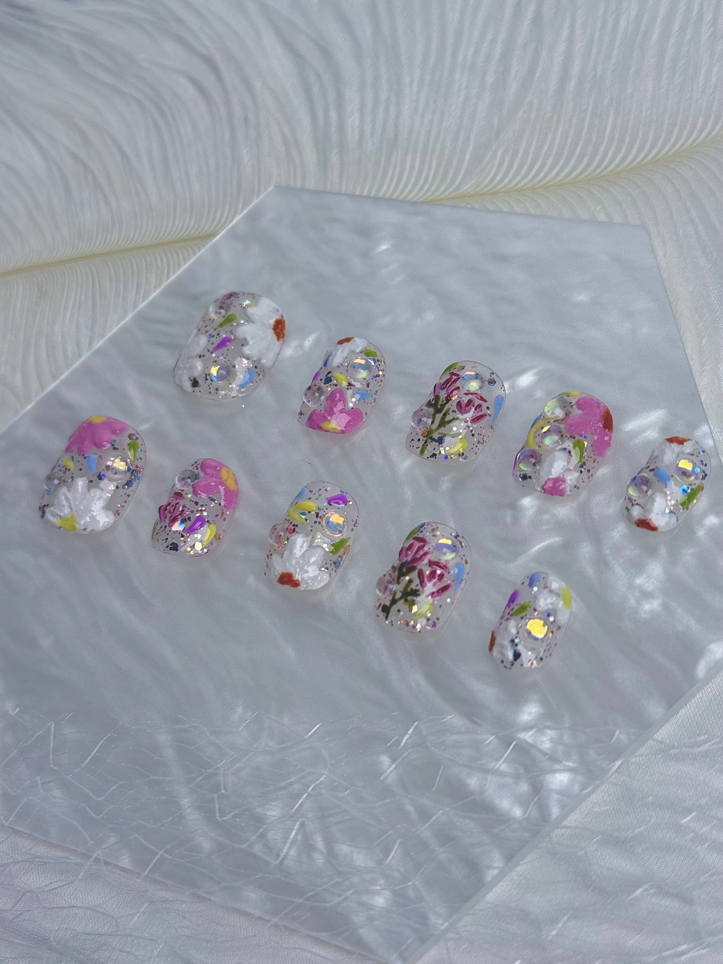 Spring Bloom Hand-Painted Press-On Nails | Floral Art Design – Handmade & Reusable Nail Set