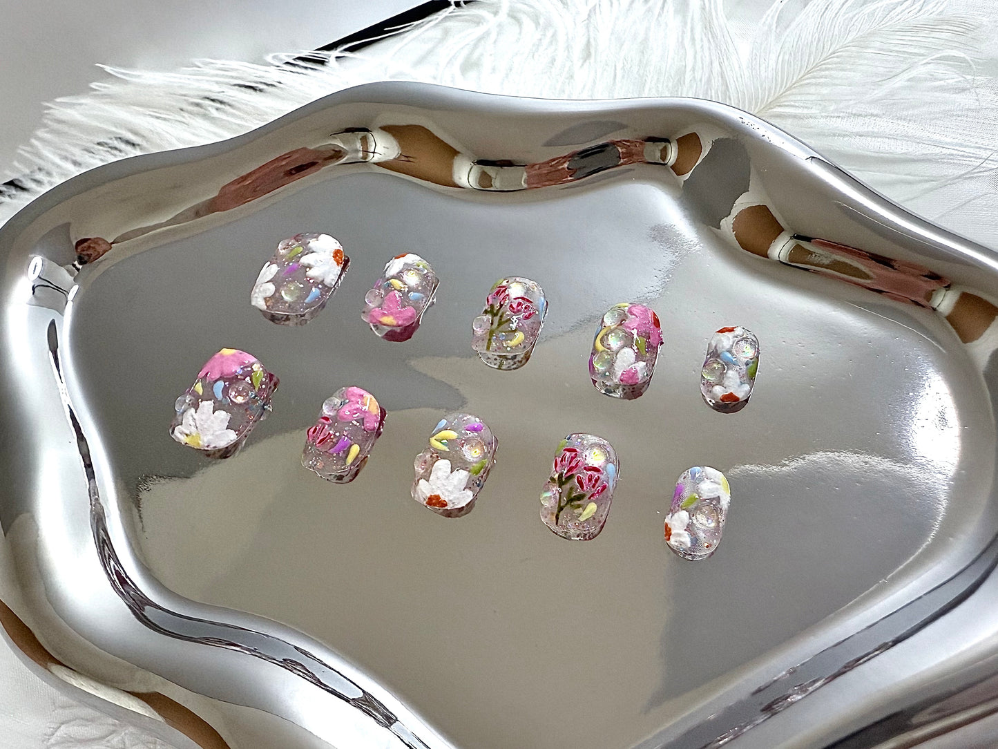 Spring Bloom Hand-Painted Press-On Nails | Floral Art Design – Handmade & Reusable Nail Set