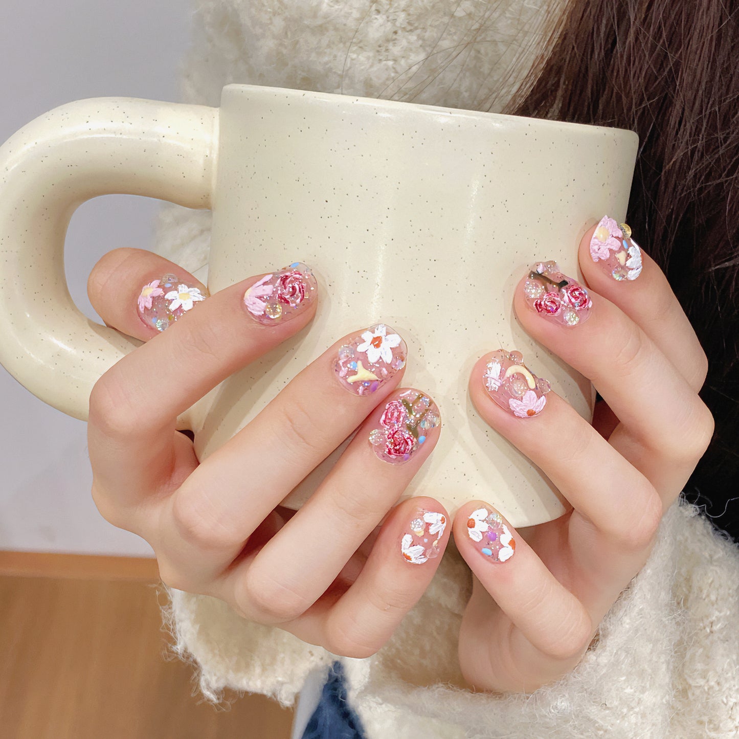 Spring Bloom Hand-Painted Press-On Nails | Floral Art Design – Handmade & Reusable Nail Set