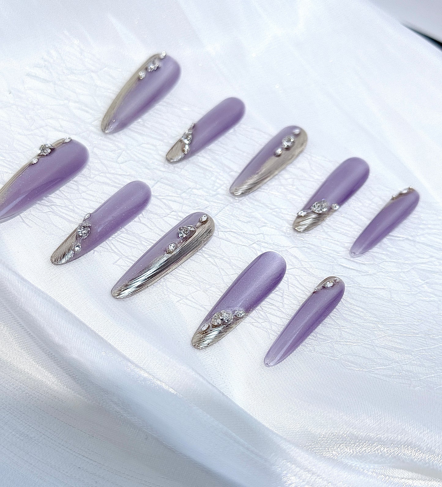 Moonlit Purple Cat Eye Press-On Nails | Mirror Chrome Gradient with Rhinestone Accents – Handmade & Reusable