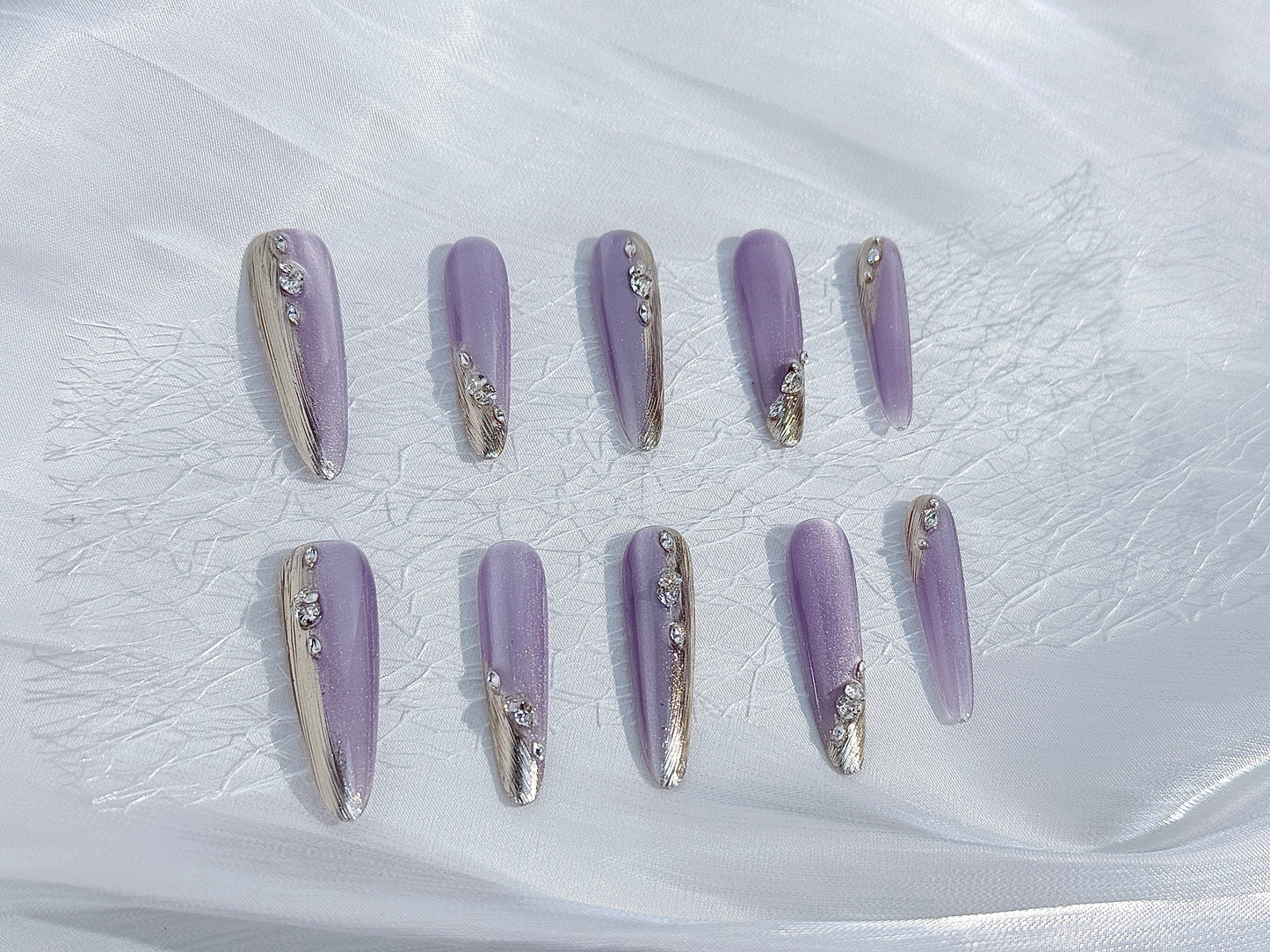 Moonlit Purple Cat Eye Press-On Nails | Mirror Chrome Gradient with Rhinestone Accents – Handmade & Reusable
