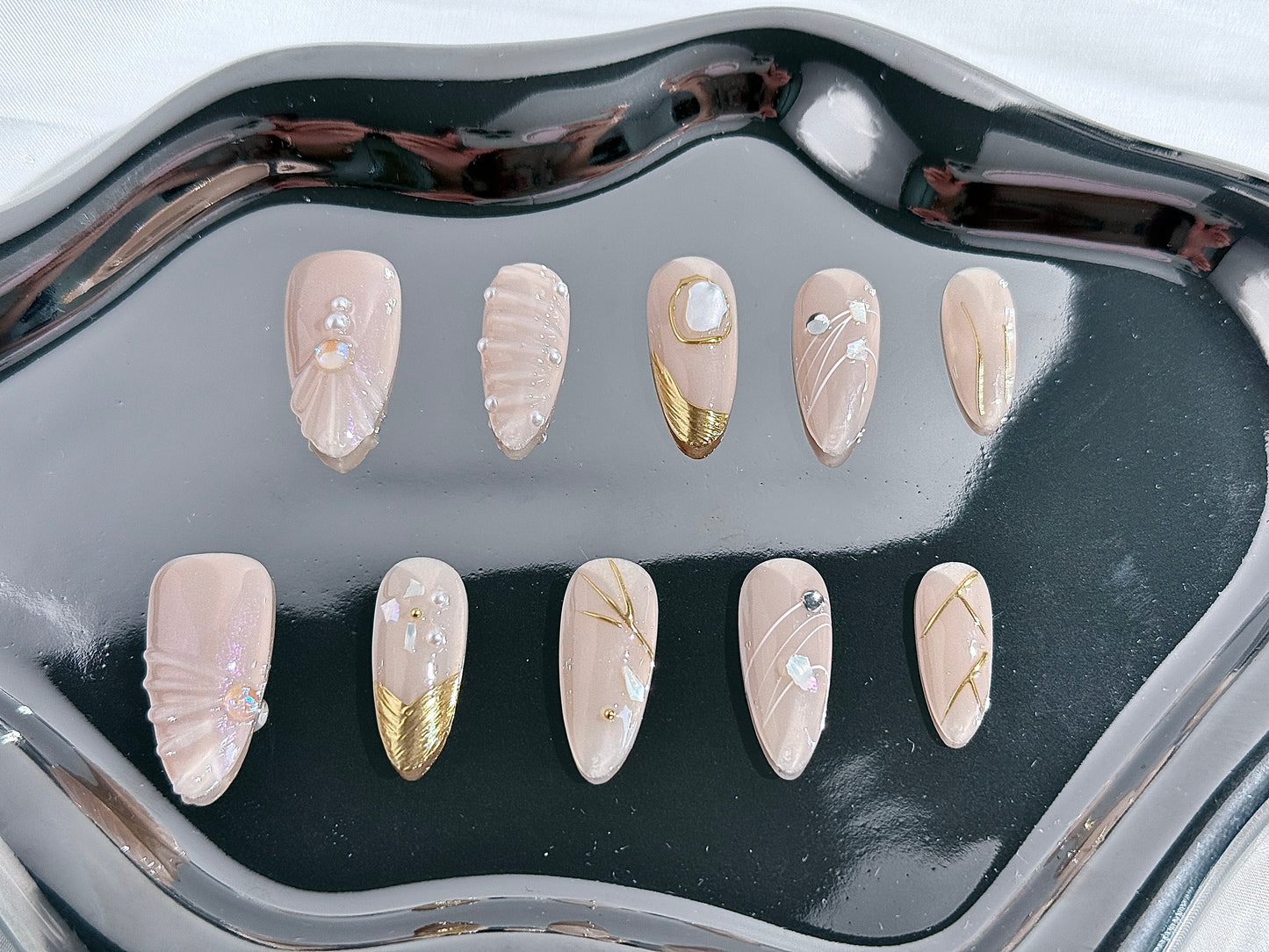 3D Gold French Ocean Press-On Nails | Pearl Shell Texture & Luxe Mermaid Vibes – Handmade & Reusable