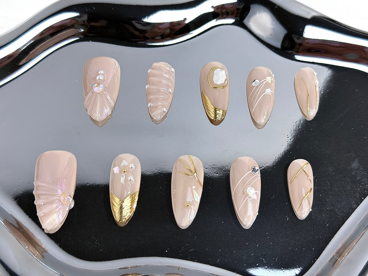 3D Gold French Ocean Press-On Nails | Pearl Shell Texture & Luxe Mermaid Vibes – Handmade & Reusable