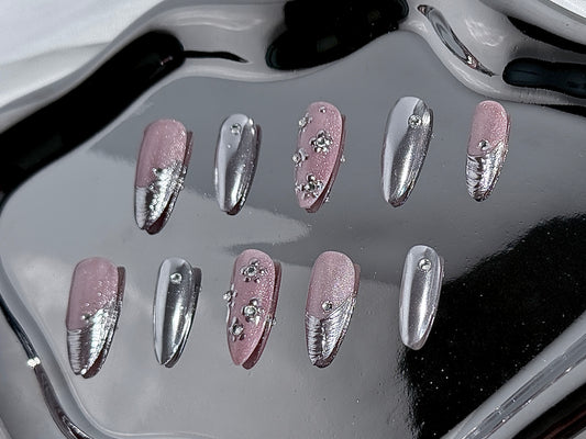 Mirror Chrome Wave French Press-On Nails | 3D Ripple Design – Handmade & Reusable