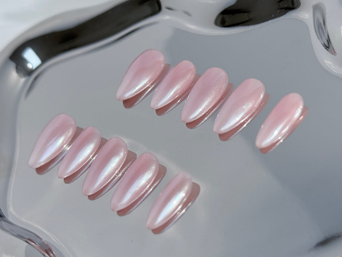 Short Almond Pearl Pink Press-On Nails | Soft Pink to White Gradient – Handmade & Reusable