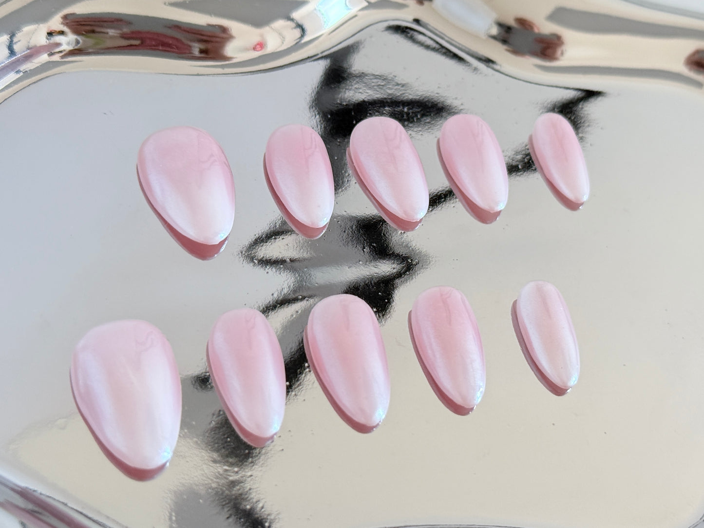 Short Almond Pearl Pink Press-On Nails | Soft Pink to White Gradient – Handmade & Reusable