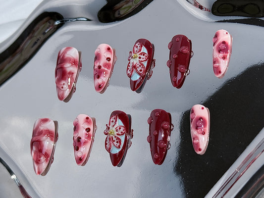 3D Handcrafted Press-On Nails | Burgundy Marble, Tropical Snake & Floral Sculpted Design – Reusable Nail Art