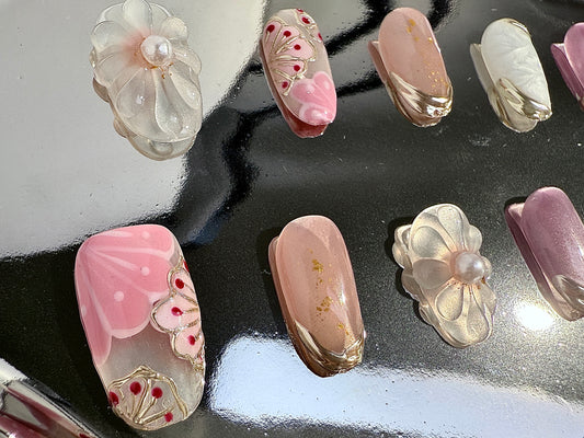 Hand-Painted Filigree Floral Design with Liquid Metal Accents – Reusable & Detachable Press-On Nails |  Summer Nail