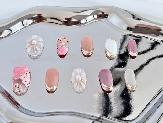 Hand-Painted Filigree Floral Design with Liquid Metal Accents – Reusable & Detachable Press-On Nails |  Summer Nail