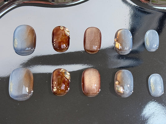 Amber Gradient Cat Eye Press-On Nails | Handmade Magnetic Glow with Marble Ombre – Reusable