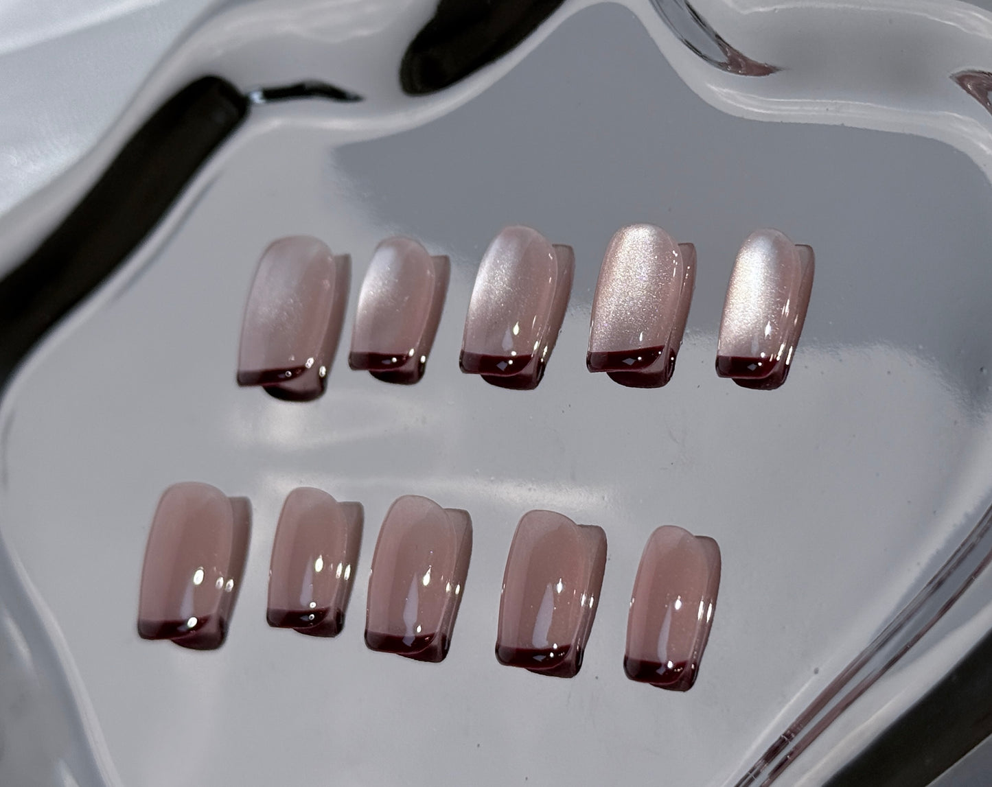 Nude Cat Eye Press-On Nails with Coffee Brown French Tips | Glossy Magnetic Glow – Handmade & Reusable