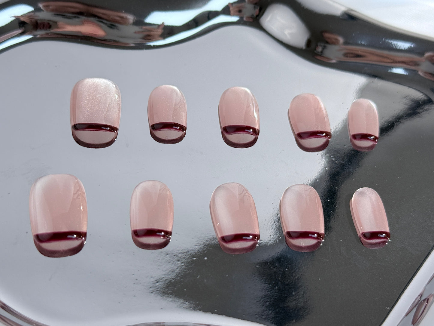 Nude Cat Eye Press-On Nails with Coffee Brown French Tips | Glossy Magnetic Glow – Handmade & Reusable