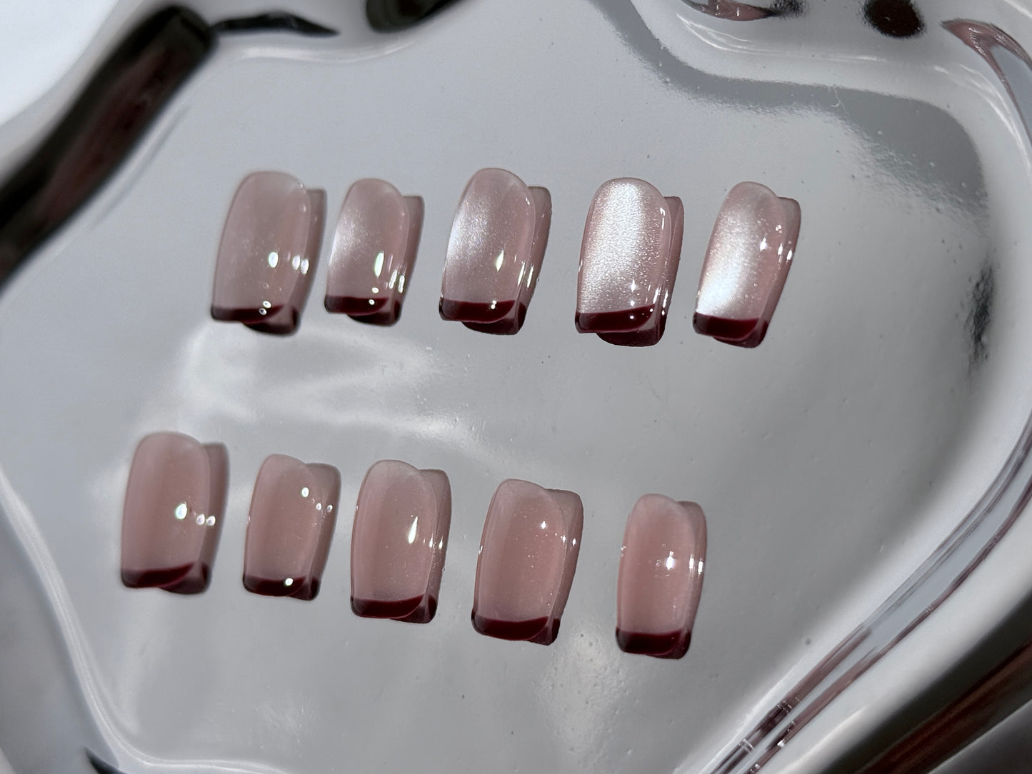 Nude Cat Eye Press-On Nails with Coffee Brown French Tips | Glossy Magnetic Glow – Handmade & Reusable