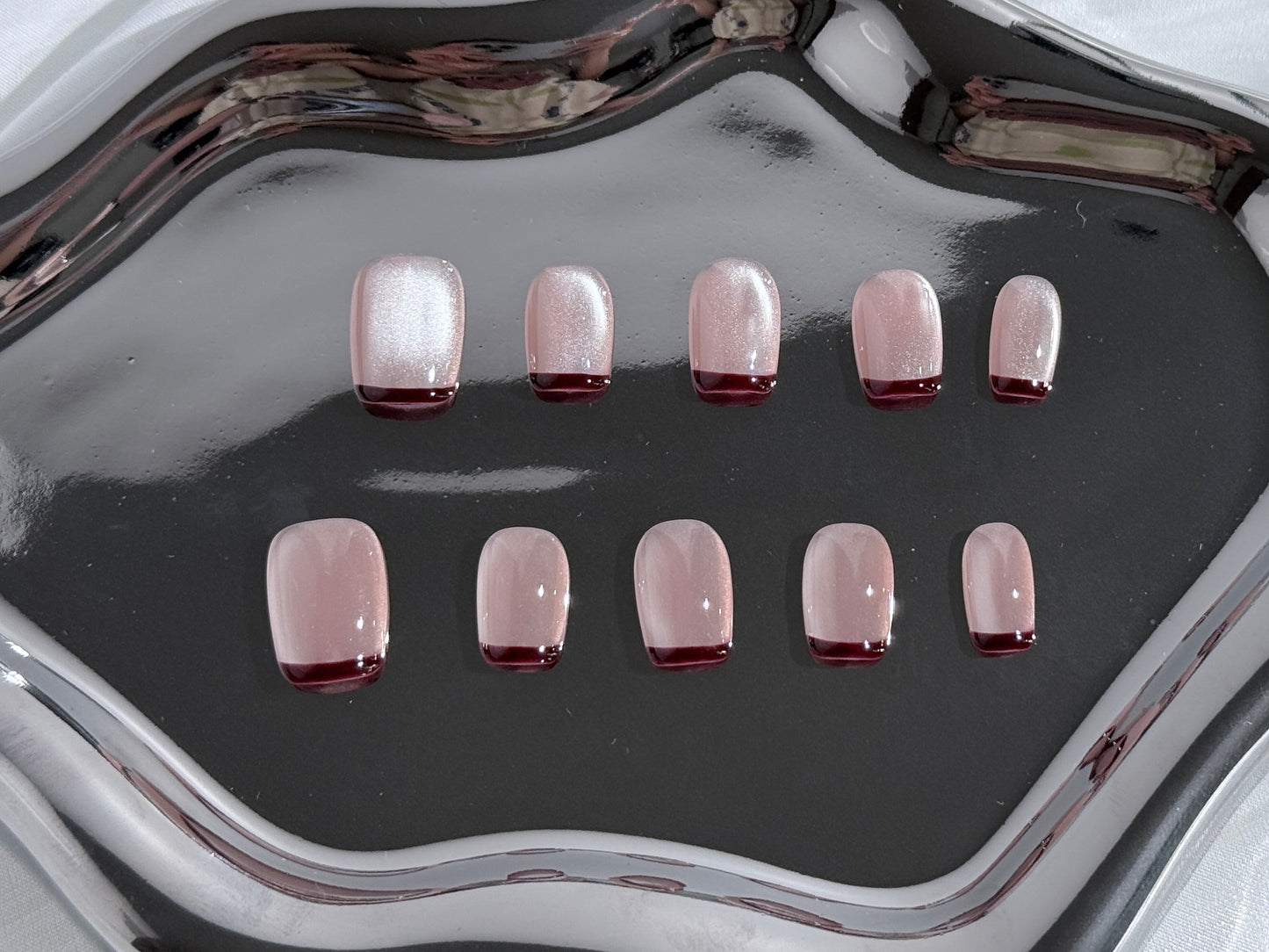 Nude Cat Eye Press-On Nails with Coffee Brown French Tips | Glossy Magnetic Glow – Handmade & Reusable