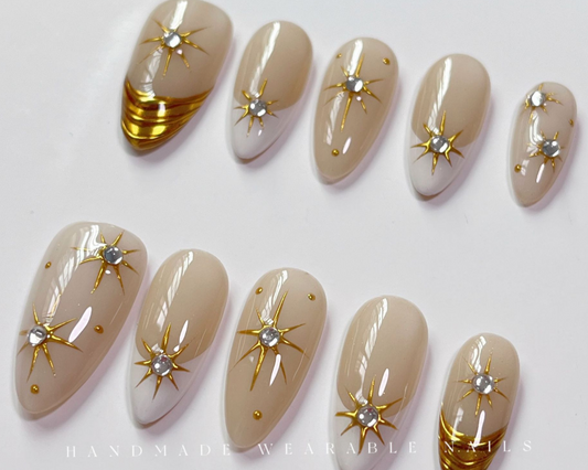 3D Hand-Painted French Tips Almond Nails -- Press-on Nail